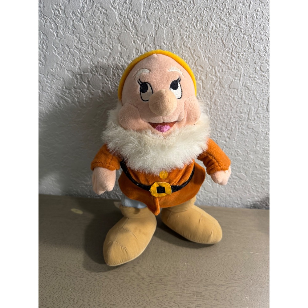 Disney Store Happy Plush Snow White Seven Dwarfs Orange Tunic Yellow Hat 12 Inch